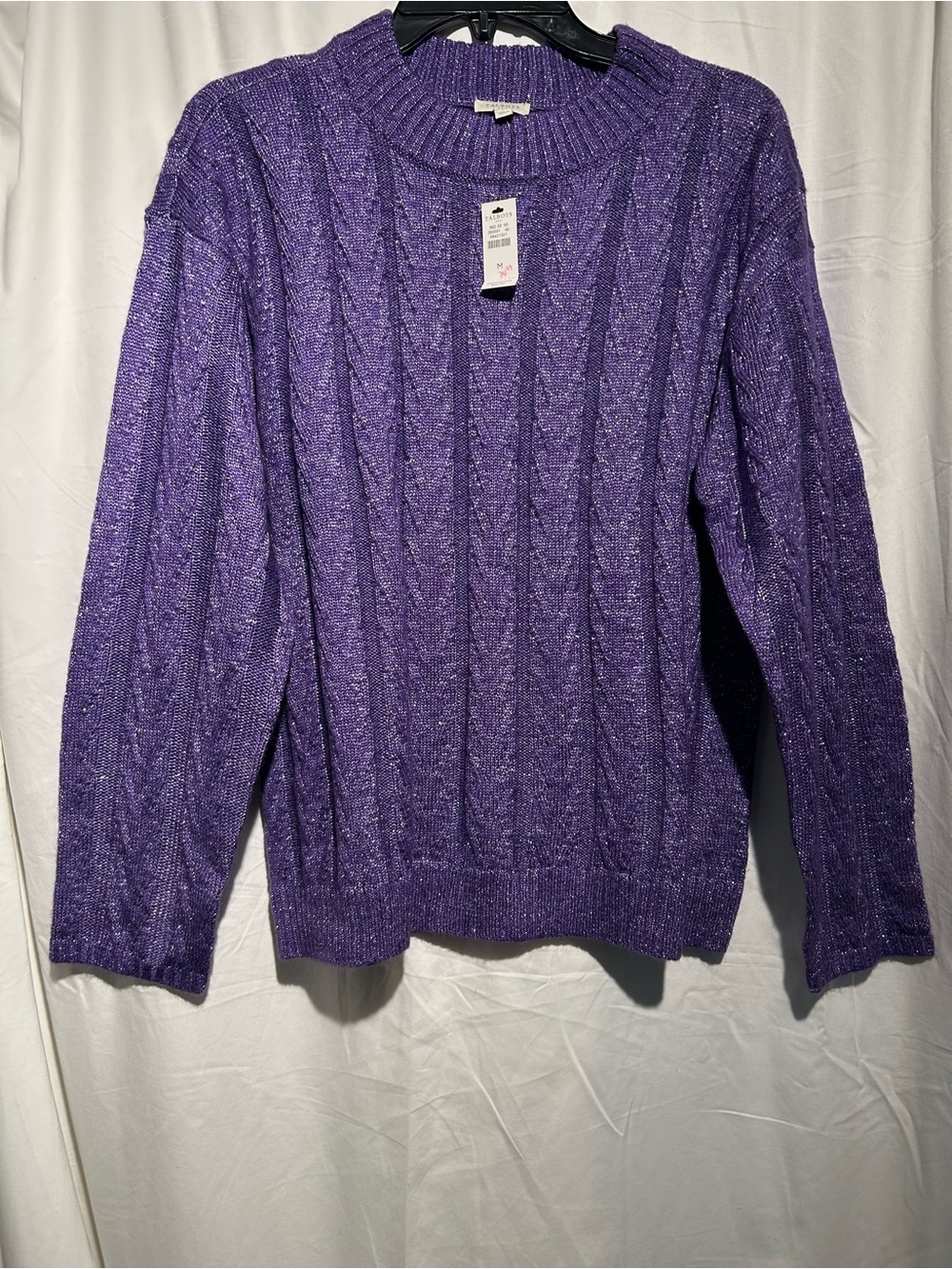 Talbots Purple Metallic Cable Knit Sweater Medium NWT Silver Thread